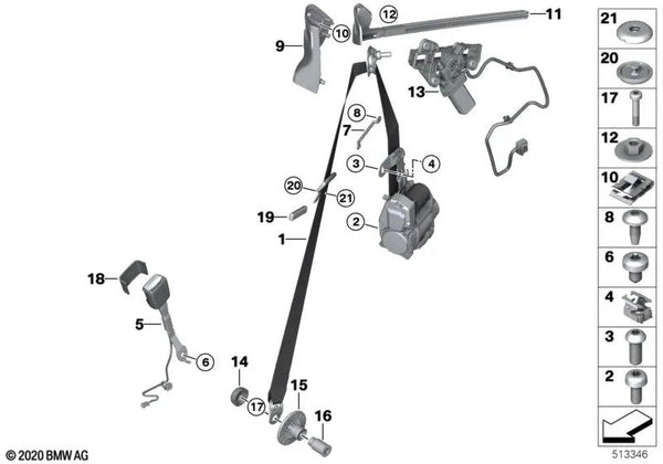 Cinturón de seguridad delantero derecho para BMW Serie 4 G22, G82 (OEM 72119476280). Original BMW