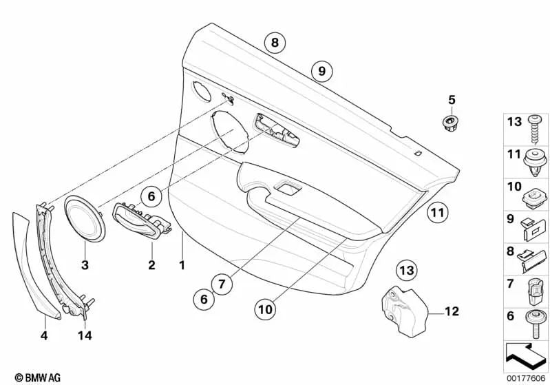 Rear left fabric door trim for BMW 3 Series E90, E90N (OEM 51429152361). Original BMW.