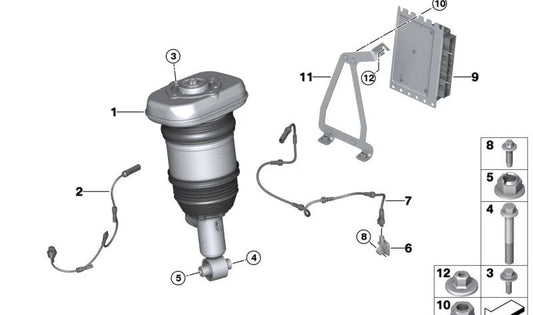 Amortiguador neumático izquierdo para BMW Serie 5 F10, F11, Serie 6 F12, F13, Serie 7 F01N, F02N (OEM 37105A49DC5). Original BMW