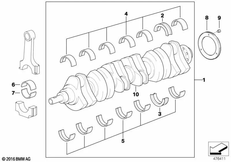 Crankshaft without bearings for BMW E46, E39 (OEM 11211432278). Original BMW.