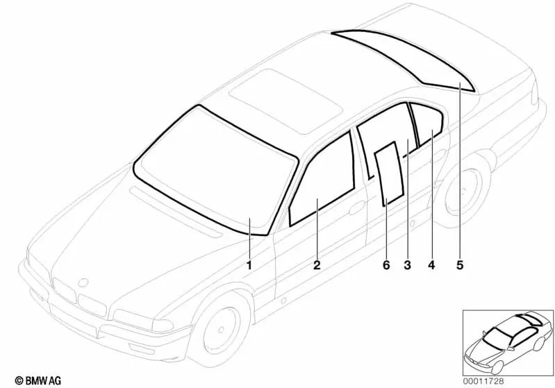 Linke grüne Seitenscheibe für BMW 7er E38 (OEM 51348218373). Original BMW.