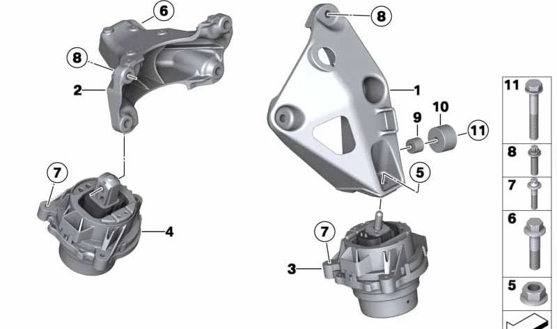 Rechtes Motorlager für BMW 3er F30, F31, F34, 4er F32, F33, F36 (OEM 22116788616). Original BMW.