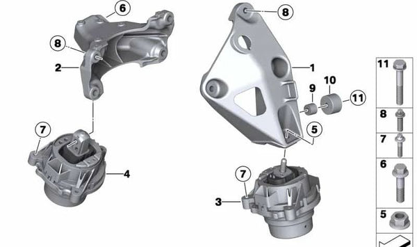 Soporte motor derecho para BMW Serie 3 F30, F31, F34, Serie 4 F32, F33, F36 (OEM 22116788616). Original BMW.