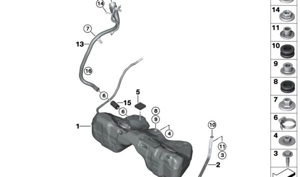 Kit de reparación para depósito de combustible OEM 16115A27D59 para BMW (Modelos compatibles: G01, G02, G05, G11, G12, G20, G30, G31, G32, F90). Original BMW.