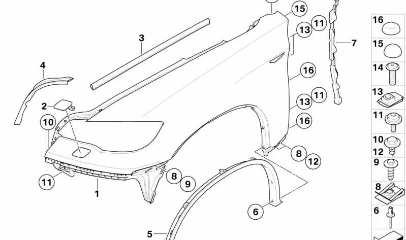 Pared lateral imprimada delantera derecha para BMW X6 E71, E72 (OEM 51657052424). Original BMW