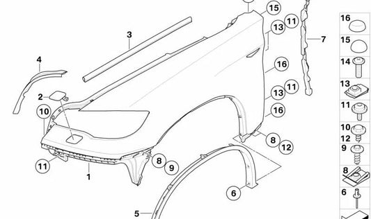 Pared lateral imprimada delantera derecha para BMW X6 E71, E72 (OEM 51657052424). Original BMW