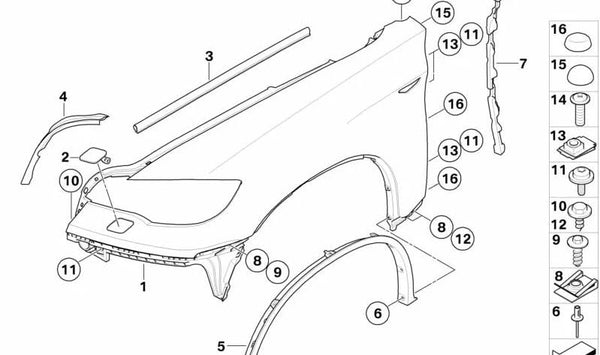 Pared lateral imprimada delantera derecha para BMW X6 E71, E72 (OEM 51657052424). Original BMW