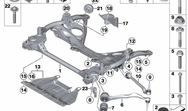 Soporte delantero del eje OEM 31106872118 para BMW F20, F21, F22, F23, F30, F31, F34. Original BMW