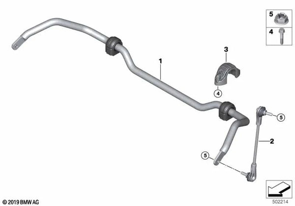 Estabilizador con cojinete de goma delantero para BMW F46, F46N, F49, F49N (OEM 31306853913). Original BMW