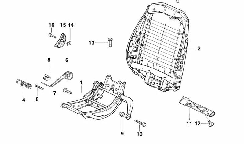 Seat Mechanism Upper Right for BMW E36 (OEM 52108251068). Original BMW.