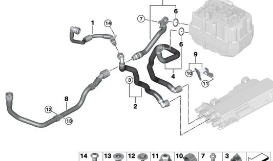 Water radiator inlet pipe for BMW 5 Series G30N, G31N, G38N (OEM 17129485277). Original BMW