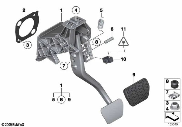 Conjunto completo de pedal para BMW Serie 5 F07, F10, F11, F18, Serie 6 F06, F12, F13, Serie 7 F01, F02, F04 (OEM 35006775368). Original BMW.