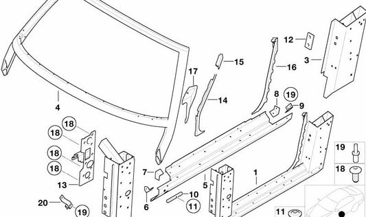 Brida de sellado pilar A izquierda para BMW E52 (OEM 41217006245). Original BMW