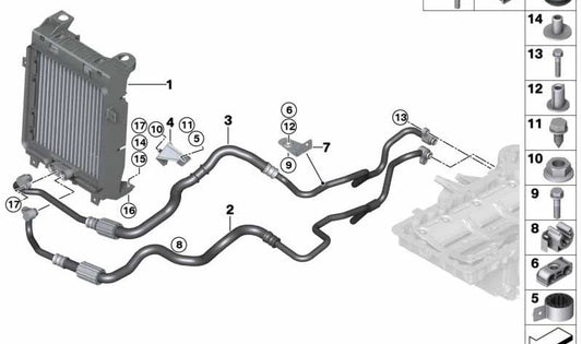 Soporte de la tubería del radiador de aceite para BMW X5 E70, F85, X6 E71, F86 (OEM 17227576396). Original BMW