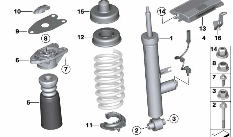 Amortiguador trasero OEM 37126865569 para BMW F33, F83, F30, F31, F34, G20. Original BMW.