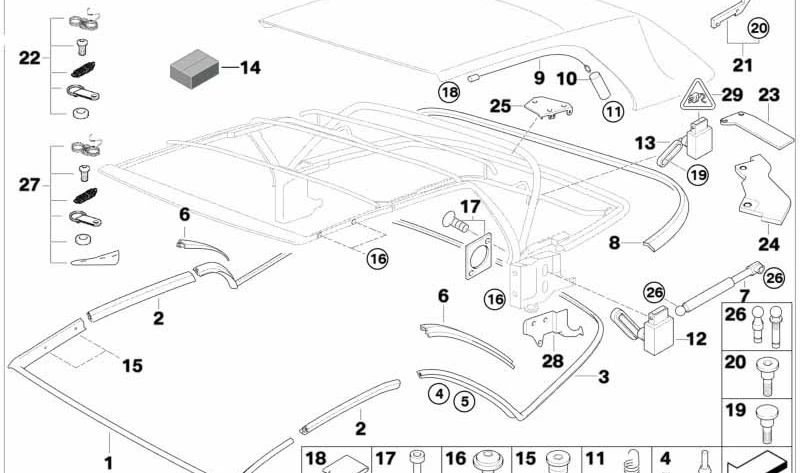 Juego de reparación cable tensor para BMW E46 (OEM 54317070381). Original BMW