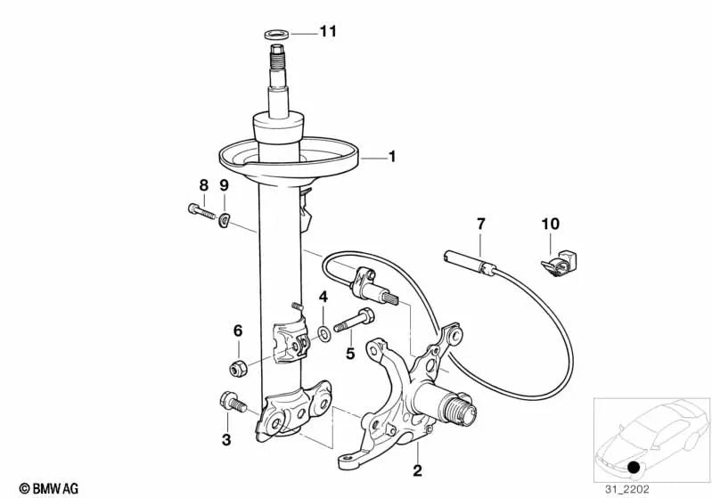 Front left shock absorber for BMW E46, F30, F80 (OEM 31312229765). Original BMW