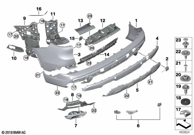 Rear right primed bumper cover for BMW X5 G05 (OEM 51125A0BD56). Original BMW.