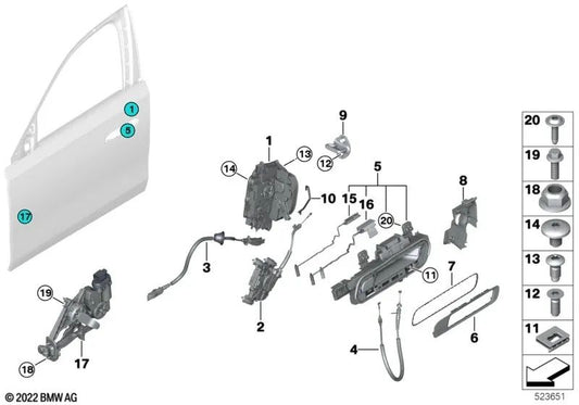 Front left automatic soft closing system for BMW G70 (OEM 51219451847). Original BMW.