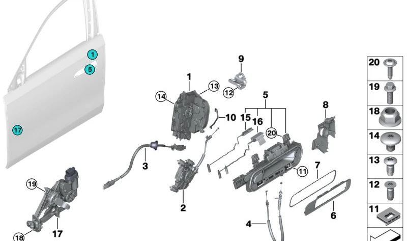 Soporte manija exterior de la puerta derecha para BMW G70 (OEM 51215A72164). Original BMW