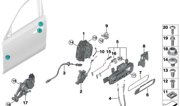 Soporte maneta exterior puerta izquierda OEM 51215A67B41 para BMW G70. Original BMW.