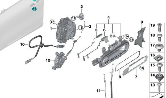 Om 51215a0c947 mecanismo de porta externa frontal para BMW (Modelos Compatíveis: Série 1 F20, F21 | Série 2 F22, F23, F45, F46 | Série 3 F30, F31, F34, F35 | 4 F32 Série, F33, F36 | X1 F48 | BMW original.