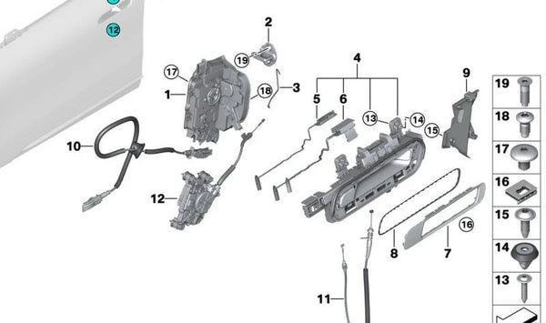 Mecanismo tirador de puerta exterior delantero izquierdo OEM 51215A0C947 para BMW (Modelos compatibles: Serie 1 F20, F21 | Serie 2 F22, F23, F45, F46 | Serie 3 F30, F31, F34, F35 | Serie 4 F32, F33, F36 | X1 F48 | X2 F39). Original BMW.