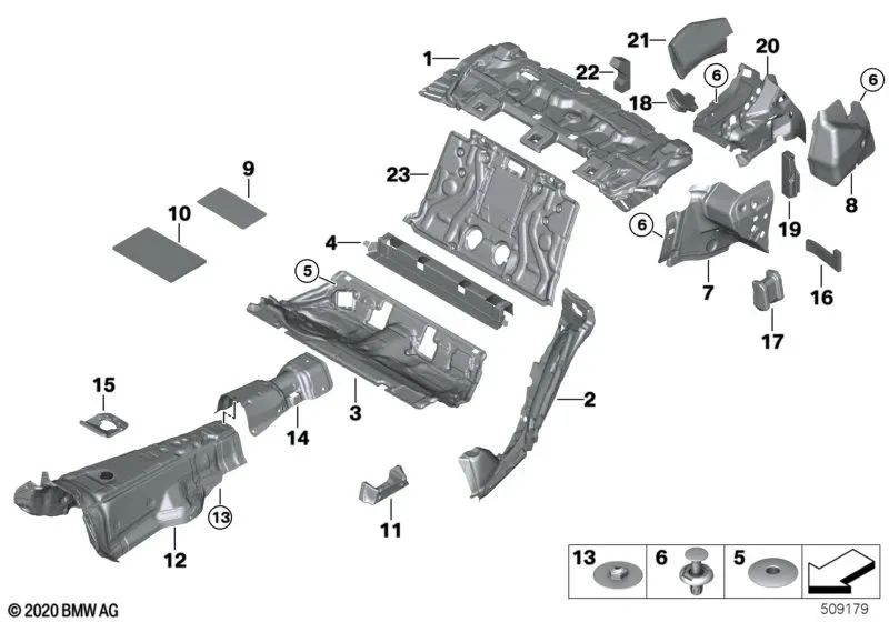 Aislamiento acústico del paso de rueda trasero izquierdo para BMW F90, G30 (OEM 51487375741). Original BMW.