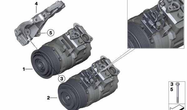 Compresor de aire acondicionado sin embrague magnético OEM 64506805073 para BMW F82, F83. Original BMW.