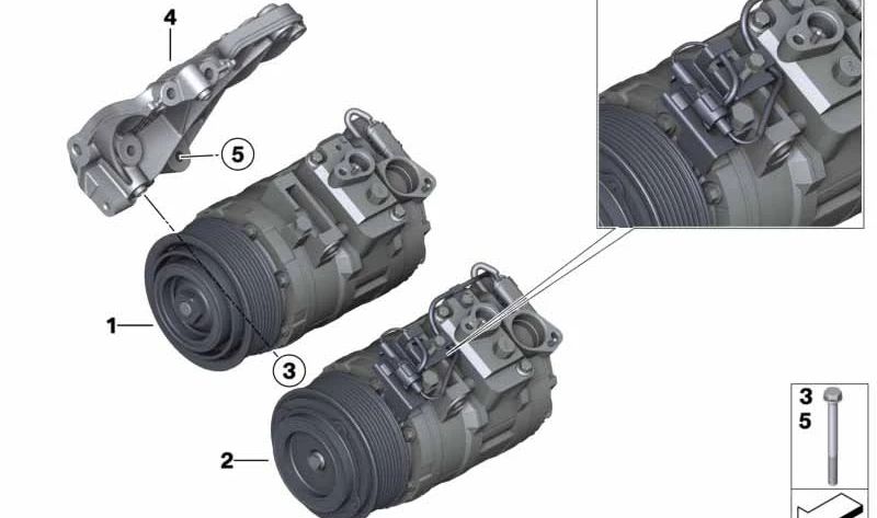 Soporte compresor de aire acondicionado para BMW F20, F21, F22, F23, F30, F31, F32, F33, F34, F35, F36, F07, F10, F11, F06, F12, F13, F01, F02, X3 F25, X4 F26, X5 E70N, F15, X6 E71, F16 (OEM 64557585167). Original BMW.