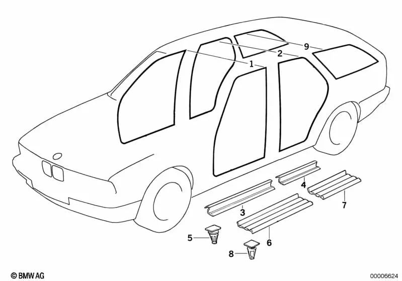 Left rear door sill molding for BMW 5 Series E34 (OEM 51478137317). Genuine BMW