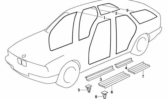 Rear right entry sill trim for BMW E34 (OEM 51478137322). Original BMW