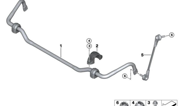 Barra estabilizadora delantera con soportes de goma OEM 31306853612 para BMW G42, G20, G21, G22, G23, G26. Original BMW.