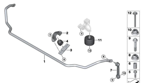 Soporte derecho para estabilizador OEM 33556861478 para BMW G30, G38, G11, G12, G14. Original BMW.