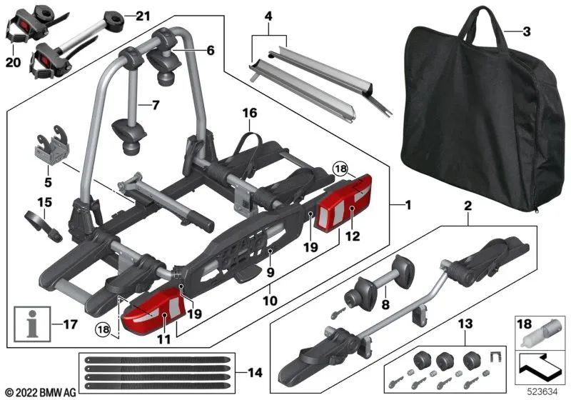 Brazo de sujeción con correa para 1 bicicleta para BMW E81, E82, E87, E87N, E88, F20, F21, F40 (OEM 82725A4BAD6). Original BMW