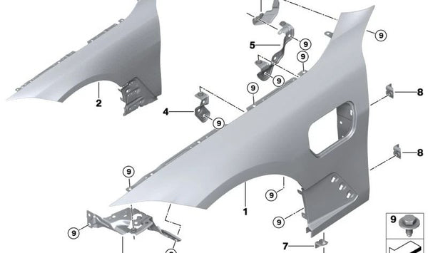 Soporte lateral delantero derecho para BMW Serie 4 G26, G26E, G26F, G26N (OEM 41009466094). Original BMW.