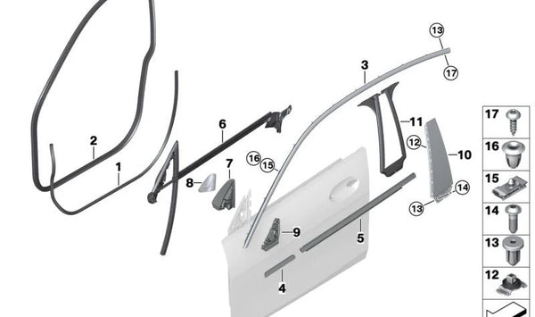 Cubierta exterior del canal de puerta delantera izquierda para BMW F44 (OEM 51337483129). Original BMW