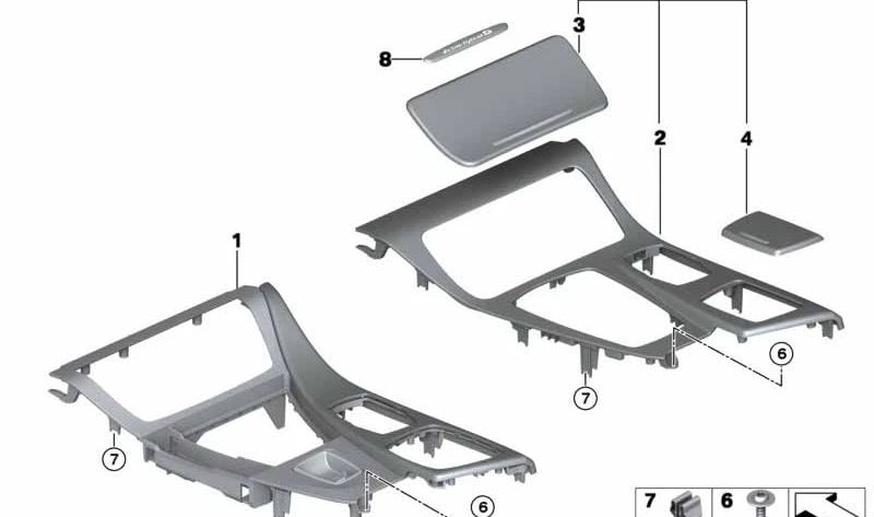 Formsatz Set Central Console Wood Fineline OEM 51169206377 für BMW F10, F11. Original BMW.