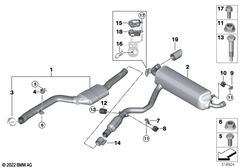 Soporte silenciador trasero derecho para BMW G42 (OEM 18309894274). Original BMW.