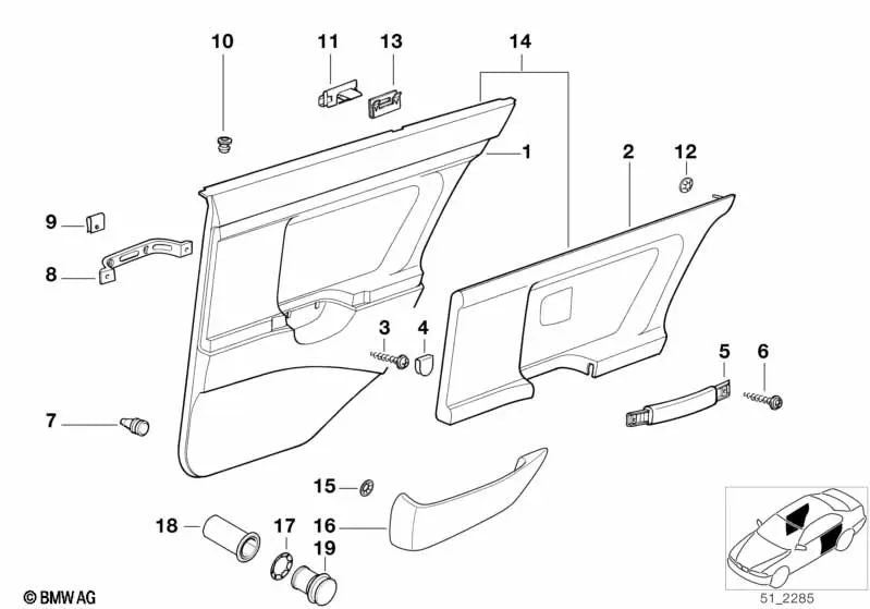 Inserto de revestimiento de puerta derecha para BMW Serie 3 E36 (OEM 51428153998). Original BMW.