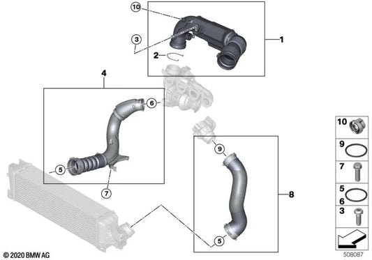 Ladeluftleitung para BMW Serie 1 F40, Serie 2 F44, X2 F39 y MINI F54N, F60, F60N (OEM 13718676829). Original BMW