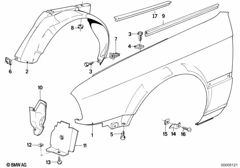 Cubierta del paso de rueda delantera derecha para BMW Serie 3 E30 (OEM 51712232764). Original BMW