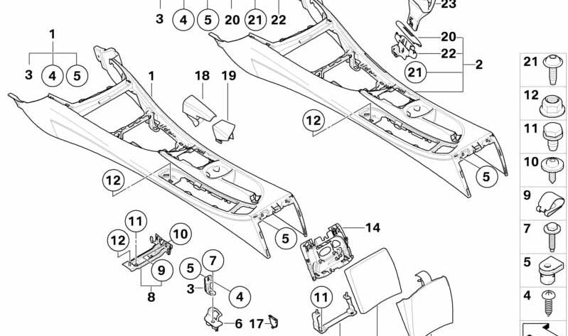 Revestimiento consola central trasera para BMW E81, E82, E87N, E88 (OEM 51169110474). Original BMW