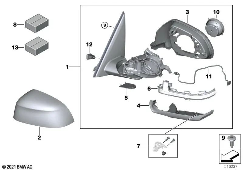 Espejo exterior calefactado Memory Bus izquierdo para BMW X3 G01, G01N (OEM 51168491665). Original BMW