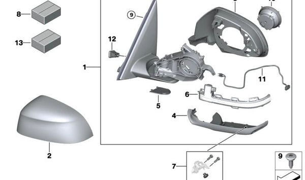 Espejo exterior sin cristal calefactado izquierdo para BMW X3 G01N (OEM 51165A3AEA7). Original BMW