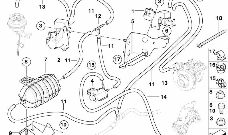 Supporto turbo OEM 11657792241 per BMW E60, E61. BMW originale.