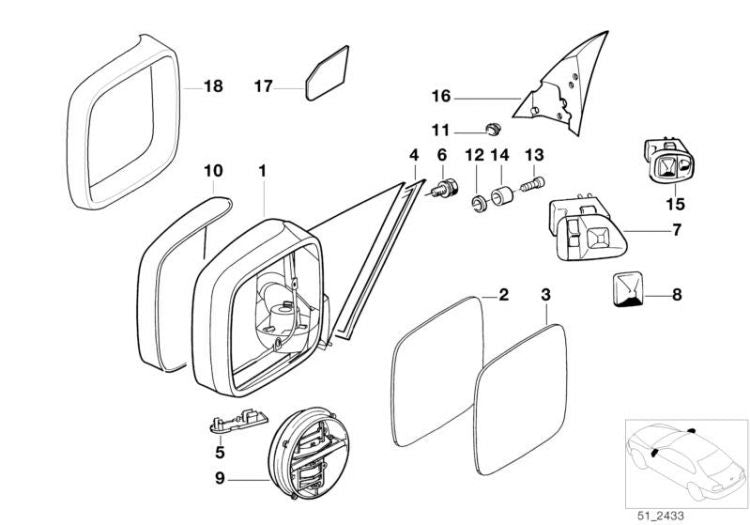 Cristal De Espejo Retrovisor Exterior Gran Angular Enchufado Para Bmw E34 E36. Original Recambios