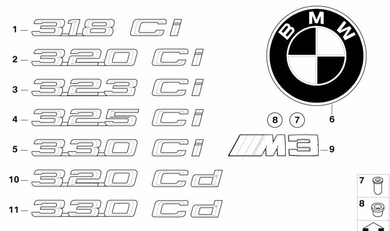 Emblema trasero OEM 51147025254 para BMW E46. Original BMW.