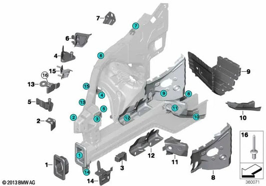 Soporte del guardabarros delantero para BMW E70, E70N, F15, F85, E71, E72, F16, F86 (OEM 41117159145). Original BMW.