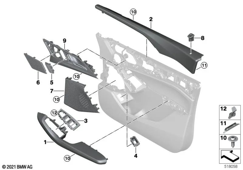 Tirador de puerta delantero izquierdo para BMW U06 (OEM 51415A45E37). Original BMW